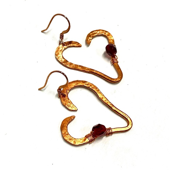 HANDCRAFTED Pure Copper Handwrapped and Hammered Statement Heart Dangle Earrings - Picture 5 of 10